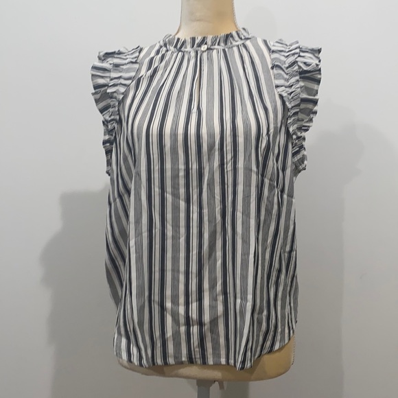 LOFT Striped Ruffle Split Neck Shell Size M - Picture 4 of 11